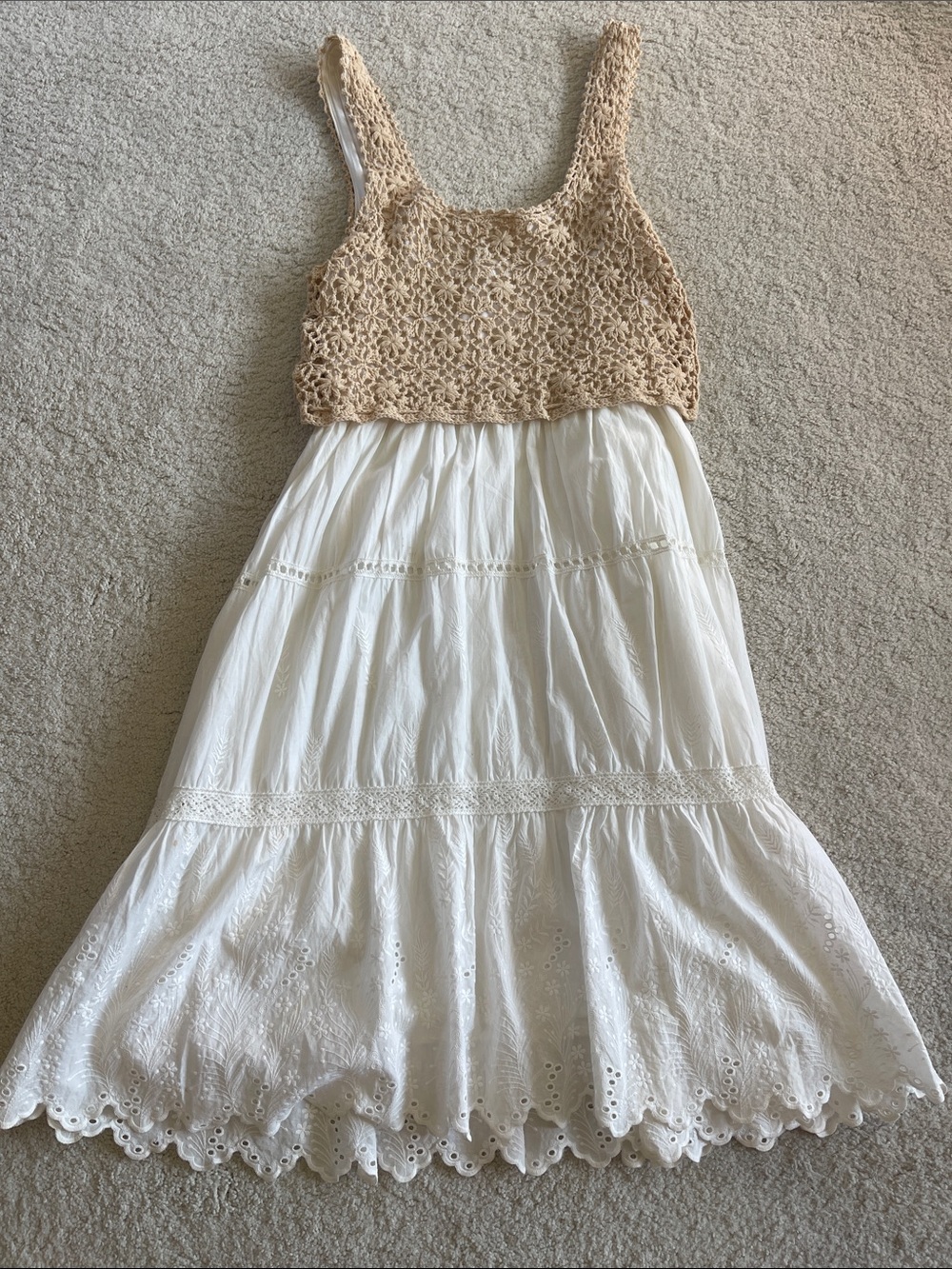 Anthropologie Cream Maxi Dress with Beige Crochet Top - Picture 3 of 4
